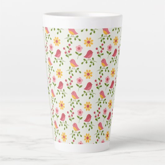 Retro Pink Spring Birds Panel Milchtasse (Vorderseite)