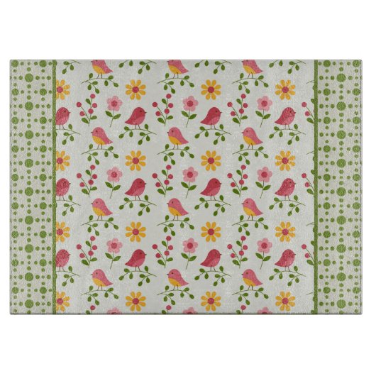 Retro Pink Spring Birds Panel Schneidebrett (Vorderseite)