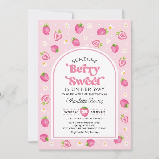 Retro Pink Strawberry Berry Sweet Girl Babydusche Einladung (Vorderseite)