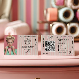 Retro Pink Striped Quirky Hair photo qr code Logo Visitenkarte