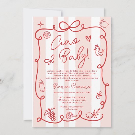 Retro Pink Stripes Italienisch angehauchte Ciao Ki Einladung (Vorderseite)