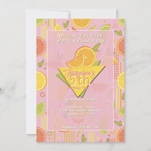 Retro Pink Summer Citrus Fruit Birthday Einladung (Vorderseite)
