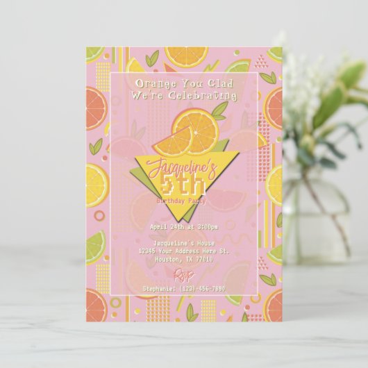 Retro Pink Summer Citrus Fruit Birthday Einladung (Stehend Vorderseite)