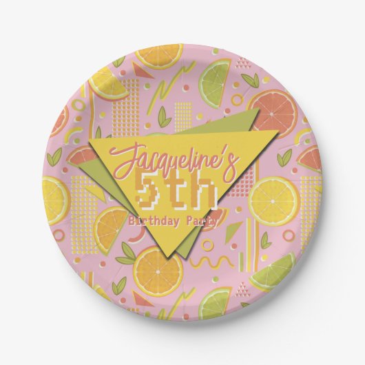 Retro Pink Summer Citrus Fruit Birthday Pappteller (Vorderseite)