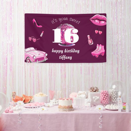 Retro Pink Sweet 16 Geburtstagsparty Banner (Party)