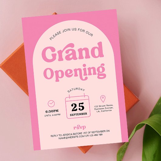 Retro Pink Trendy Arch New Business Grand Opening Einladung