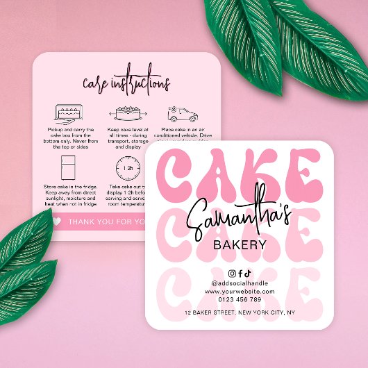 Retro Pink Trendy Girly Cake Care Instruktionen Quadratische Visitenkarte