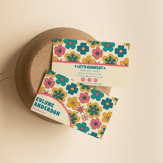 Retro Pink Turquoise Groovy Floral Boho Girly Visitenkarte