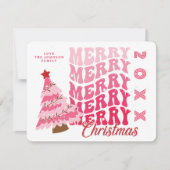 Retro Pink Typografie Frohe Weihnachtsbaumbezeichn Feiertagskarte (Vorderseite)