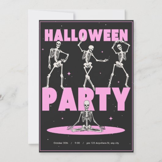Retro Pink und Black Skeleton Tanz Halloween Einladung (Vorderseite)