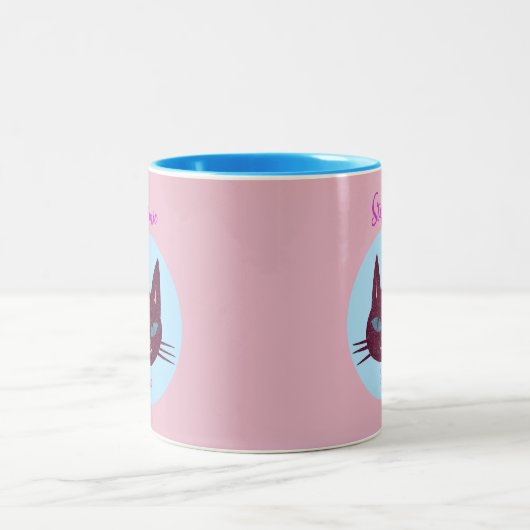 Retro Pink und Blue Purring Kitty Zweifarbige Tasse (Mittel)