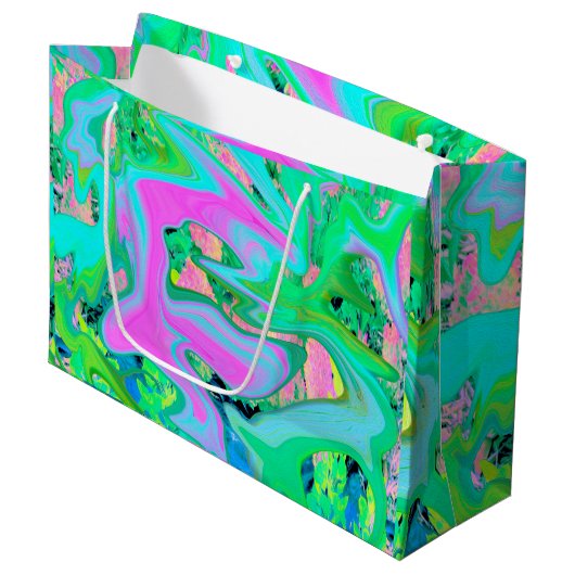 Retro Pink und Light Blue Liquide Art auf Hydrange Große Geschenktüte (Vorderseite Schrägansicht)