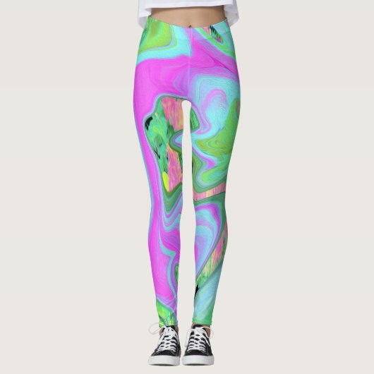 Retro Pink und Light Blue Liquide Art auf Hydrange Leggings (Vorderseite)