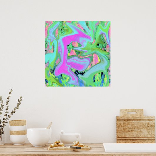 Retro Pink und Light Blue Liquide Art auf Hydrange Poster (Küche)