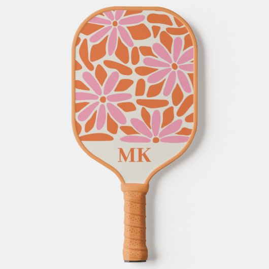 Retro Pink und Orange Blume Monogramm Pickleball Schläger (Vorderseite)