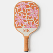 Retro Pink und Orange Blume Monogramm Pickleball Schläger (Rückseite)