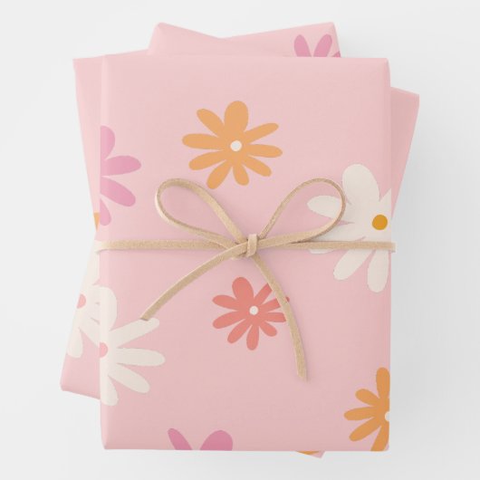 Retro Pink und Orange Daisy Blumenbeutel Geschenkpapier Set (Beispiel)