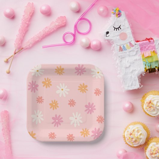 Retro Pink und Orange Daisy Pappteller (Party)