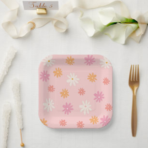 Retro Pink und Orange Daisy Pappteller