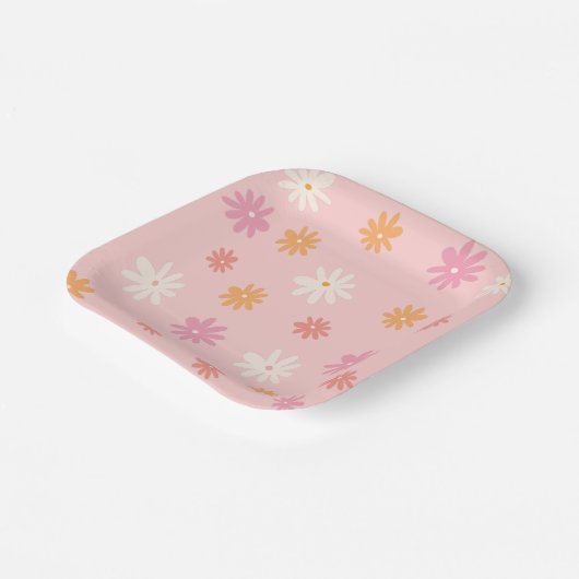 Retro Pink und Orange Daisy Pappteller (Gewinkelt)