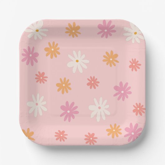 Retro Pink und Orange Daisy Pappteller (Vorderseite)