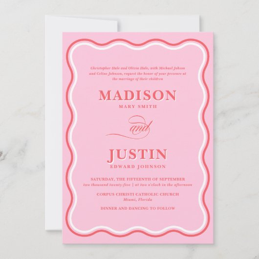 Retro Pink und Rot Squiggle Curves Wavy Wedding Einladung (Vorderseite)