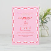 Retro Pink und Rot Squiggle Curves Wavy Wedding Einladung (Stehend Vorderseite)
