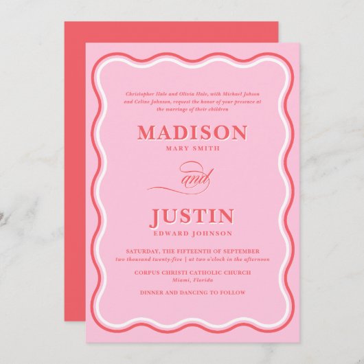 Retro Pink und Rot Squiggle Curves Wavy Wedding Einladung (Vorne/Hinten)