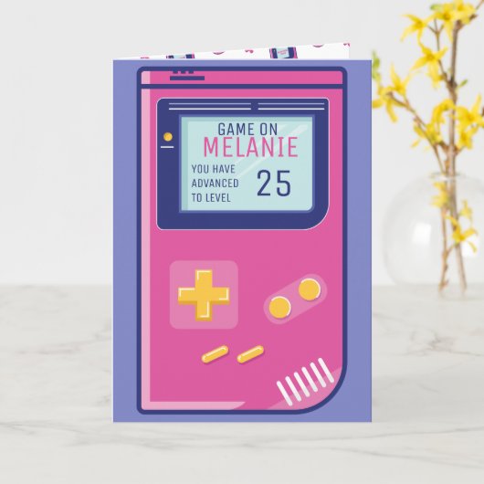 Retro Pink Video Game Level Up Benutzerdefiniertes Karte (Gelbe Blume)