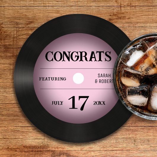Retro Pink Vinyl Record Hochzeitsgratulation Runder Pappuntersetzer