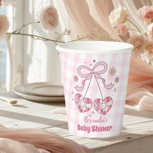Retro Pink Watercolor Bow Girl Babydusche Pappbecher