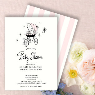 Retro Pink Watercolor Roller Script Baby Dusche Einladung