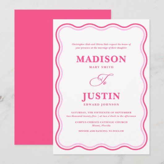 Retro Pink Wavy Formal Wedding Einladung (Vorne/Hinten)
