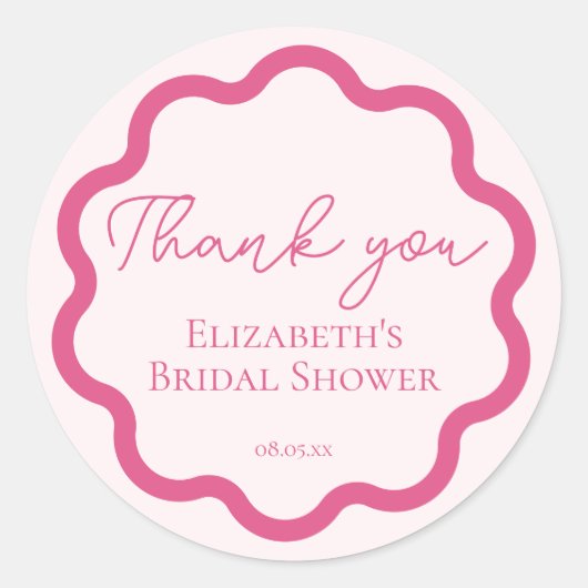 Retro Pink Wavy Scalloped Circle Script Vielen Dan Runder Aufkleber (Vorderseite)