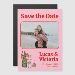 Retro Pink Whimsical Foto Wedding Save the Date Magneteinladung