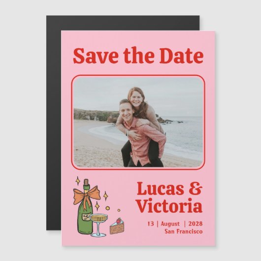 Retro Pink Whimsical Foto Wedding Save the Date Magneteinladung (Vorne/Hinten)