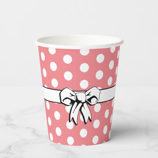 Retro Pink White Polka Dot White Bow Personalisier Pappbecher (Rückseite)
