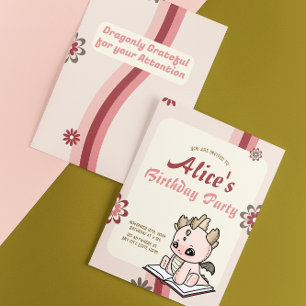 Retro Pink Yellow Pastel Baby Dragon Geburtstag Einladung