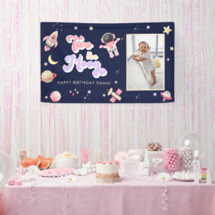 Retro Pink Zwei der Mondraum Geburtstag Banner