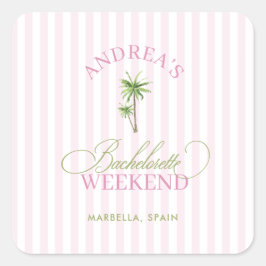 Retro Pinke und grüne Palme Strand Junggesellinnen Quadratischer Aufkleber
