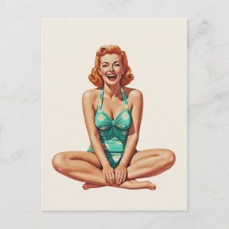 Retro PinUp 1950er Girl in Floral Swimsuit Postkarte