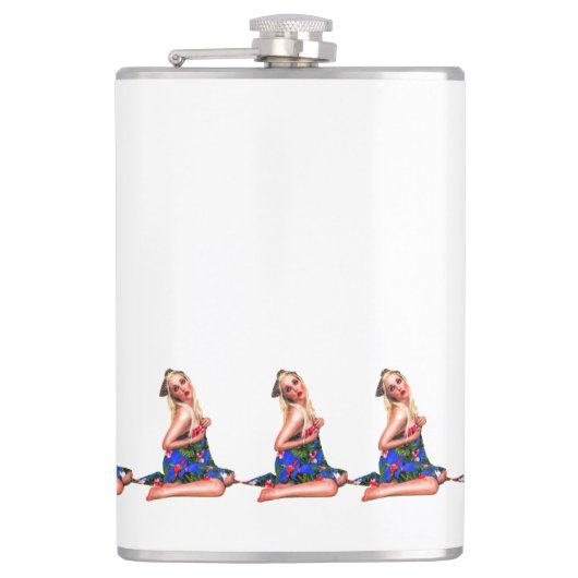 Retro Pinup Beach Girl Muster Weiße Flasche Flachmann (Vorderseite)
