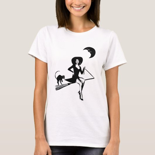 Retro pinup Girl Hexe Riding Besen Schwarze Katzen T-Shirt (Vorderseite)