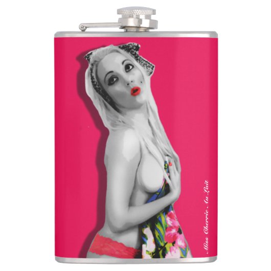 Retro Pinup Girl Hip Flask Cherrie Alt Pink Flachmann (Vorderseite)