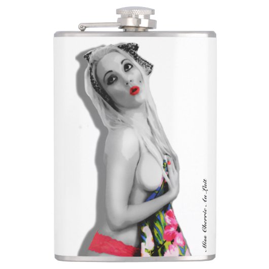 Retro Pinup Girl Hip Flask Cherrie Alt Weiß Flachmann (Vorderseite)