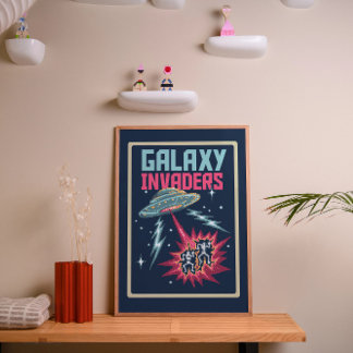 Retro-Pixel-Art Neon-Pink und Teal-Galaxie-Invasor Poster