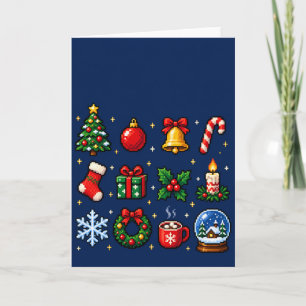 Retro-Pixel-Art-Weihnachts-Icons-Raster auf Navybl Feiertagskarte