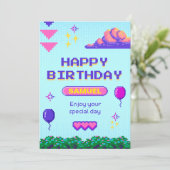 Retro Pixel Blue Lila Geburtstag B-Tag Einladung (Stehend Vorderseite)