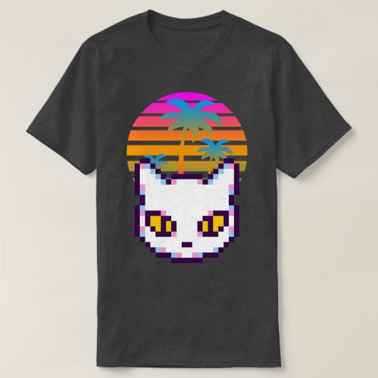 Retro Pixel Kitty Cat Palm Trees Sunset T-Shirt (Design vorne)
