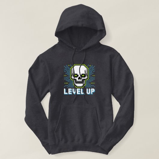 Retro Pixel Level Up Gamer Skull Hoodie (Design vorne)
